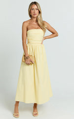 Polly Midi Dress - Strapless Ruched Dress in Lemon