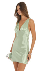 Satin V-Neck Mini Dress in Sage Green