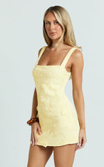 Sienna Mini Dress - Square Neck Floral Embroidered A Line Dress in Lemon
