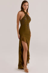 Bronze Georgette Hand Embellished Beaded Halter Maxi Dress