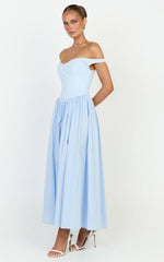 Lacey Midi Dress - Off Shoulder Gathered Waist Dress in Blue