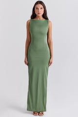 Olive Boat Neck Maxi Dress