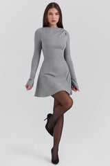 Grey A-line Long Sleeve Mini  Dress