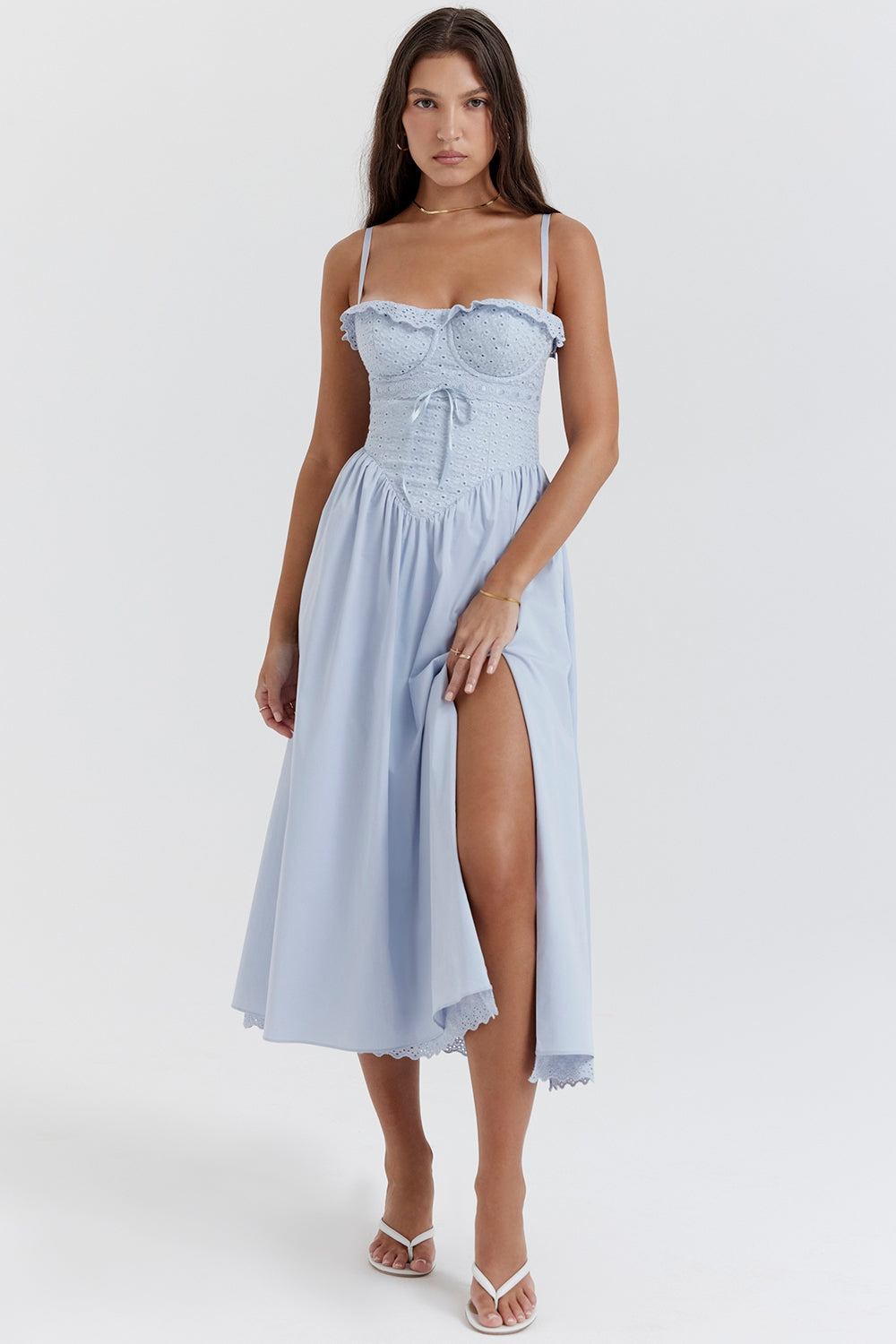 Soft Blue Cotton Broderie Anglais Midi Sundress