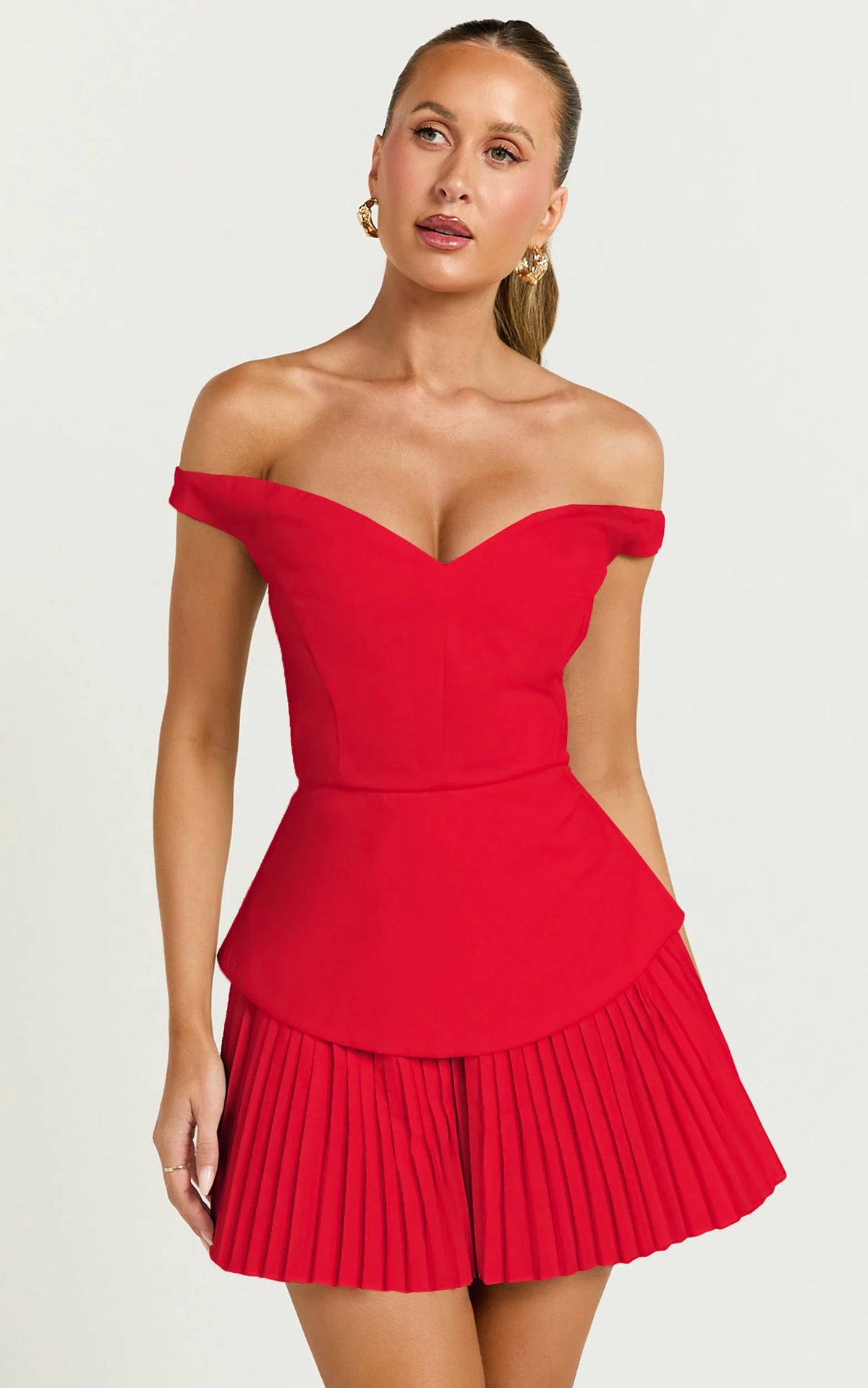 Izara Mini Dress - Off Shoulder Pleated Dress in Red