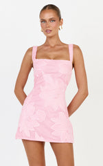 Sienna Mini Dress - Square Neck Floral Embroidered A Line Dress in Light Pink
