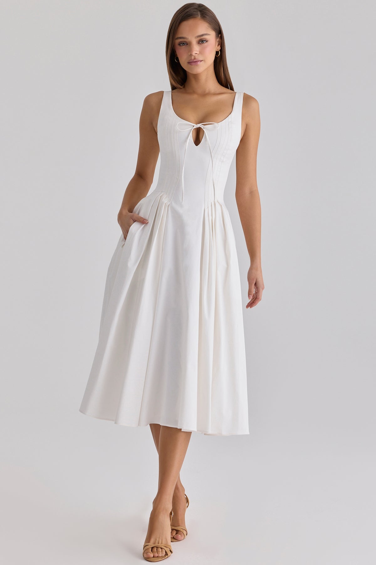 White Pleated Cotton Peekaboo Midi Dress