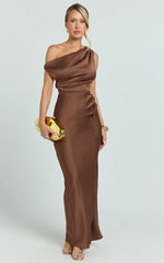 Laurie Maxi Dress - One Shoulder Ruched Dress in Chocolate