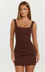 Stormi Mini Dress - Balconette Shaping Fitted Dress in Chocolate