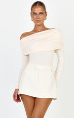 Hallie Bodysuit - One Shoulder Draped Long Sleeve Bodysuit in Cream