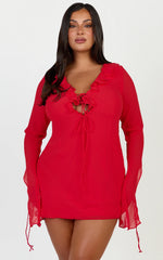 Alesya Mini Dress - Ruffle Plunge Neck Long Sleeve Tie Detail Dress in Red