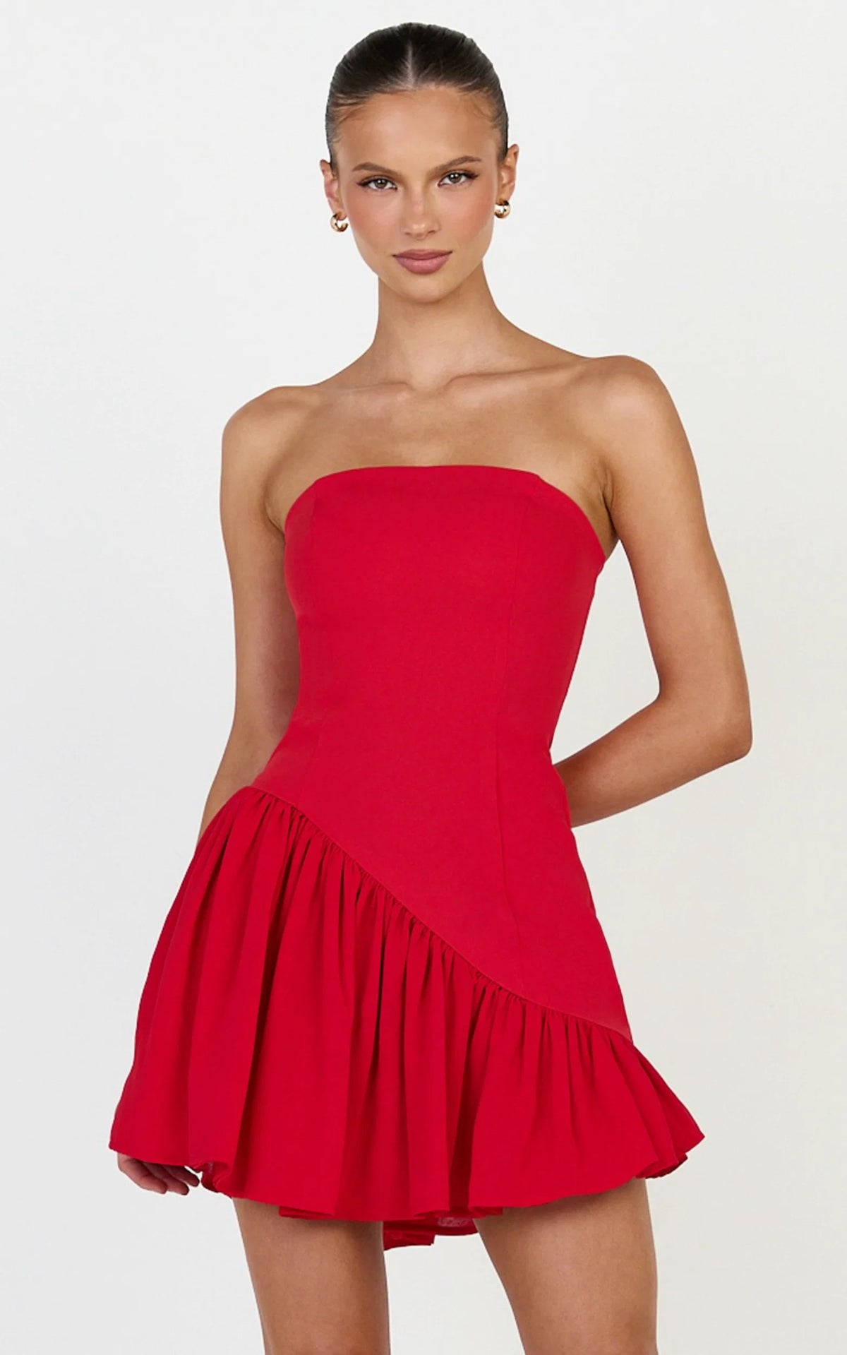 Calla Mini Dress - Strapless Gathered Asymmetric Dropped Waist Dress in Red