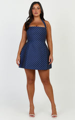 Dante Mini Dress - Halter Neck Tie Tulip Skirt Dress in Navy Polka Dot