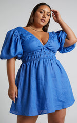 Amalie The Label - Khaila Linen Plunge Puff Sleeve Mini Linen Dress - In Blue