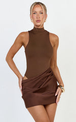 Elodie Mini Dress - Sleeveless Dress Overlay Skirt in Chocolate