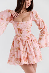 English Vintage Rose Print Puff Sleeve Mini Dress