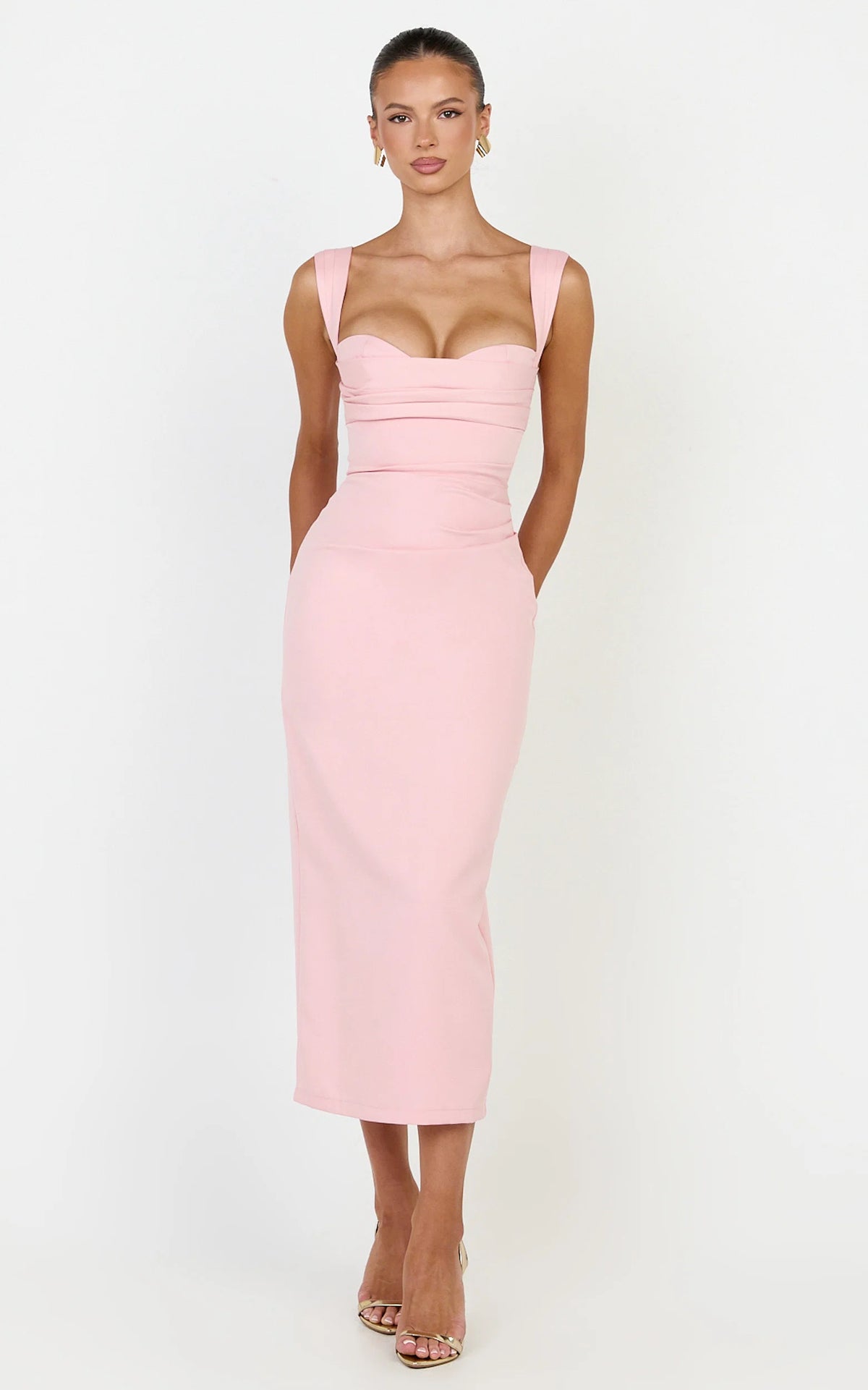 Kenna Midi Dress - Gathered Bust Tucked Waist Dress in Pink