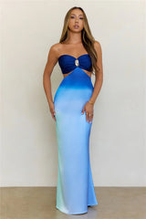 Shifting Tides Satin Ombre Strapless Maxi Dress Blue