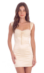 Lace Trim Satin Mini Dress in Cream