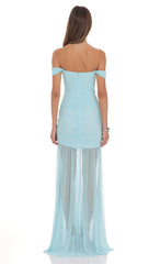 Mesh Off Shoulder Ruched Maxi Dress in Blue