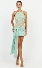 Nerissa Mini Dress - Crochet Floral Embellished High Neck Wrap Tie Skirt Dress in Sage