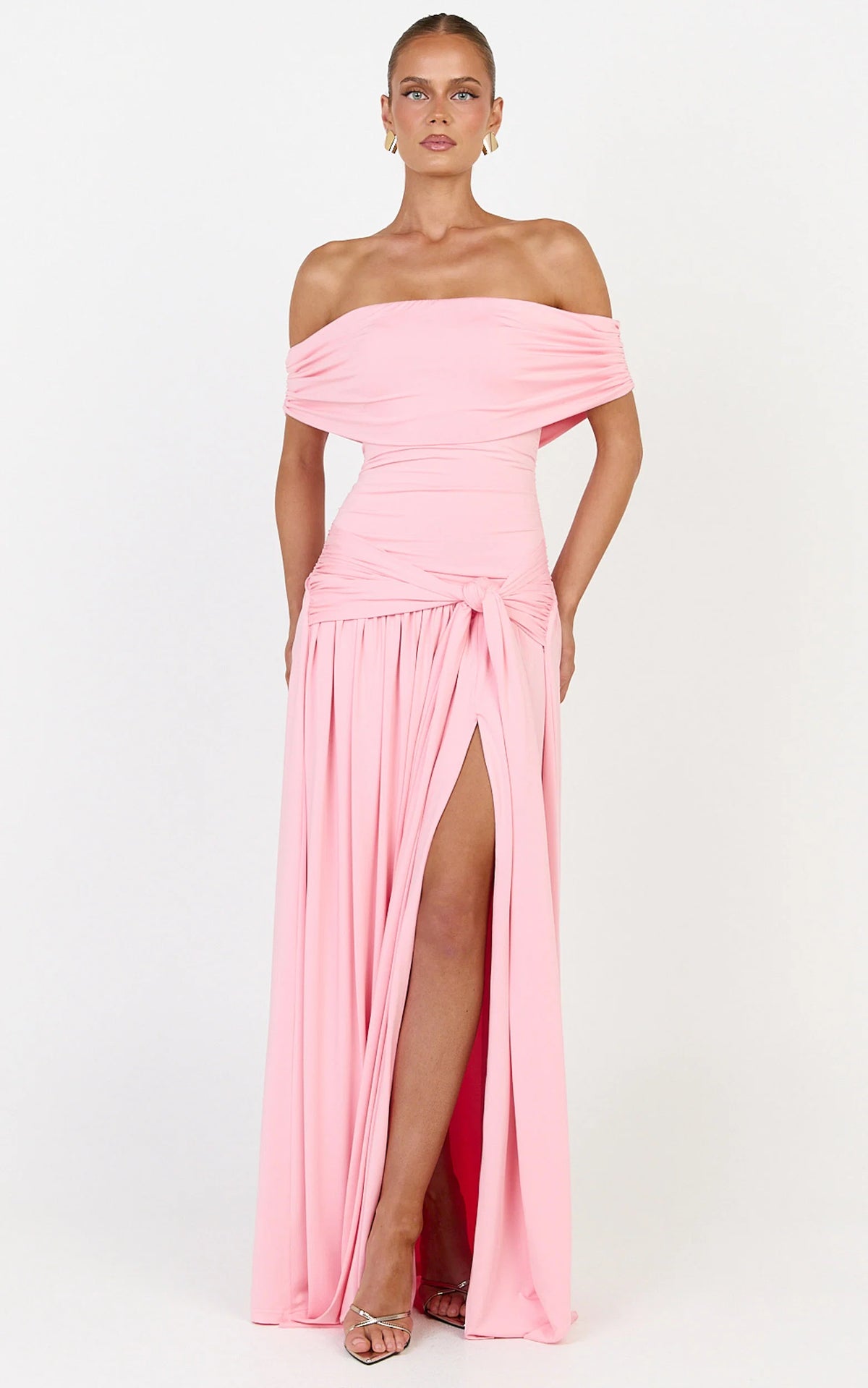 Bree Maxi Dress - Off Shoulder Draped Sash Dress in Pink