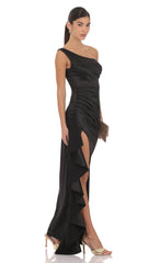 Satin Off Shoulder Maxi Dress in Black