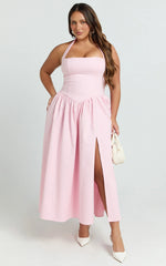 Helda Midi Dress - Halter Tie Neck Corset Panel Dress in Pink