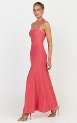Candace Midi Dress - Halter Neck Ribbed Knit Dress in Grapefruit