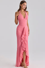 Raspberry Mesh Halter Neck Waterfall Maxi Dress