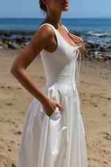 White Pleated Cotton Peekaboo Midi Dress