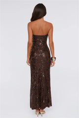 The A List Sequin Strapless Mesh Maxi Dress Brown