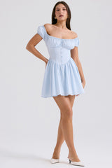 Soft Blue Cotton Gathered Mini Dress