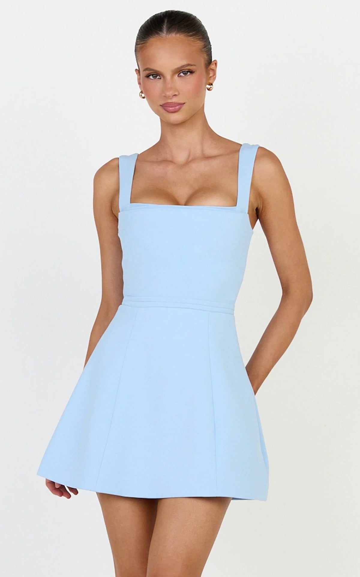 Donna Mini Dress - Square Neck Pin Tucked Waist Tulip Skirt Dress in Light Blue