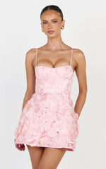 Kala Mini Dress - 3D Floral A Line Dress in Pink