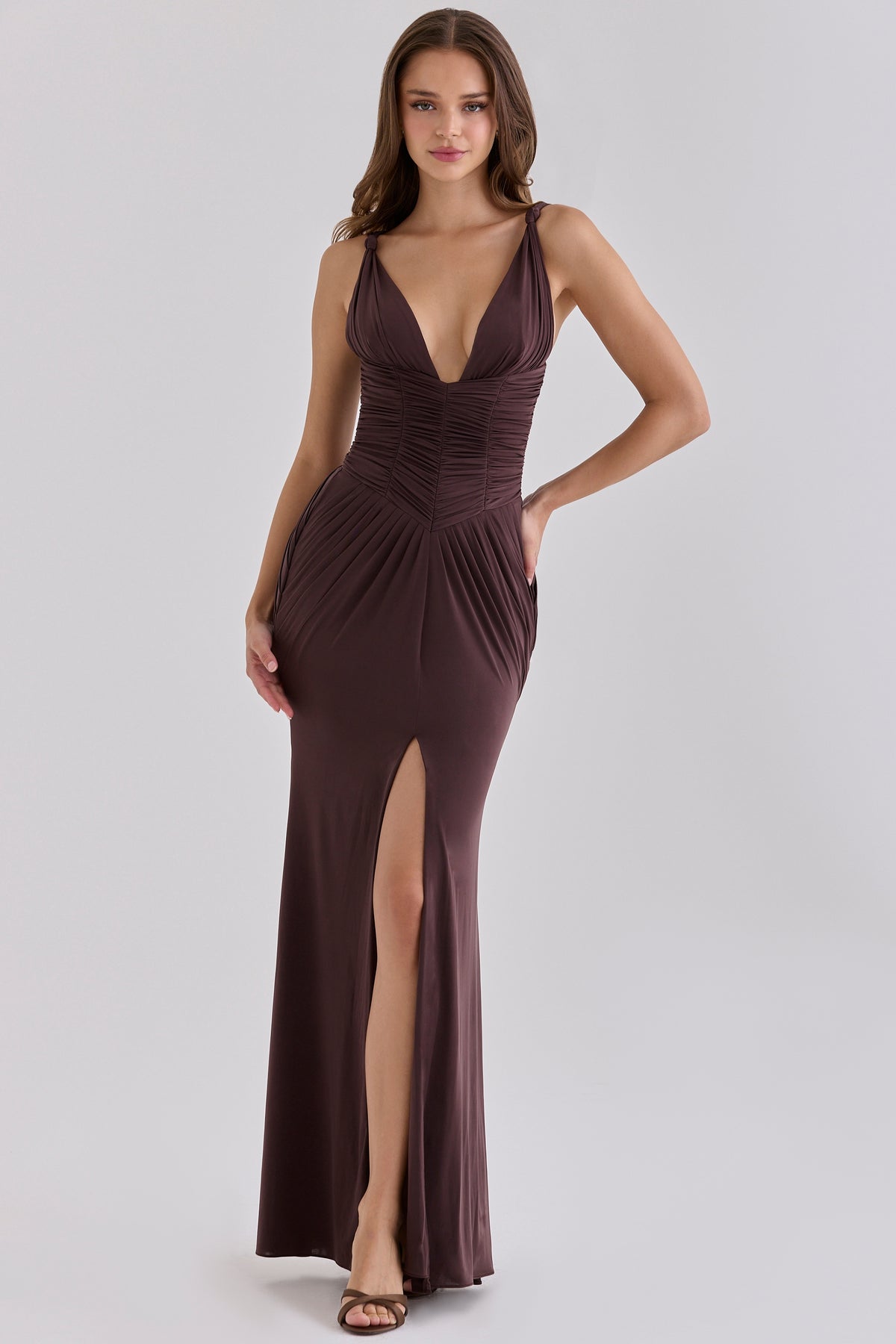Black Cherry Gathered Plunge Maxi Dress