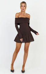 Remi Mini Dress - shoulder Long Sleeve Dropped Waist Mini Dress in Chocolate
