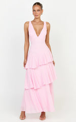 Beryl Midi Dress - Deep V Neck Sleeveless Layered Dress in Pink