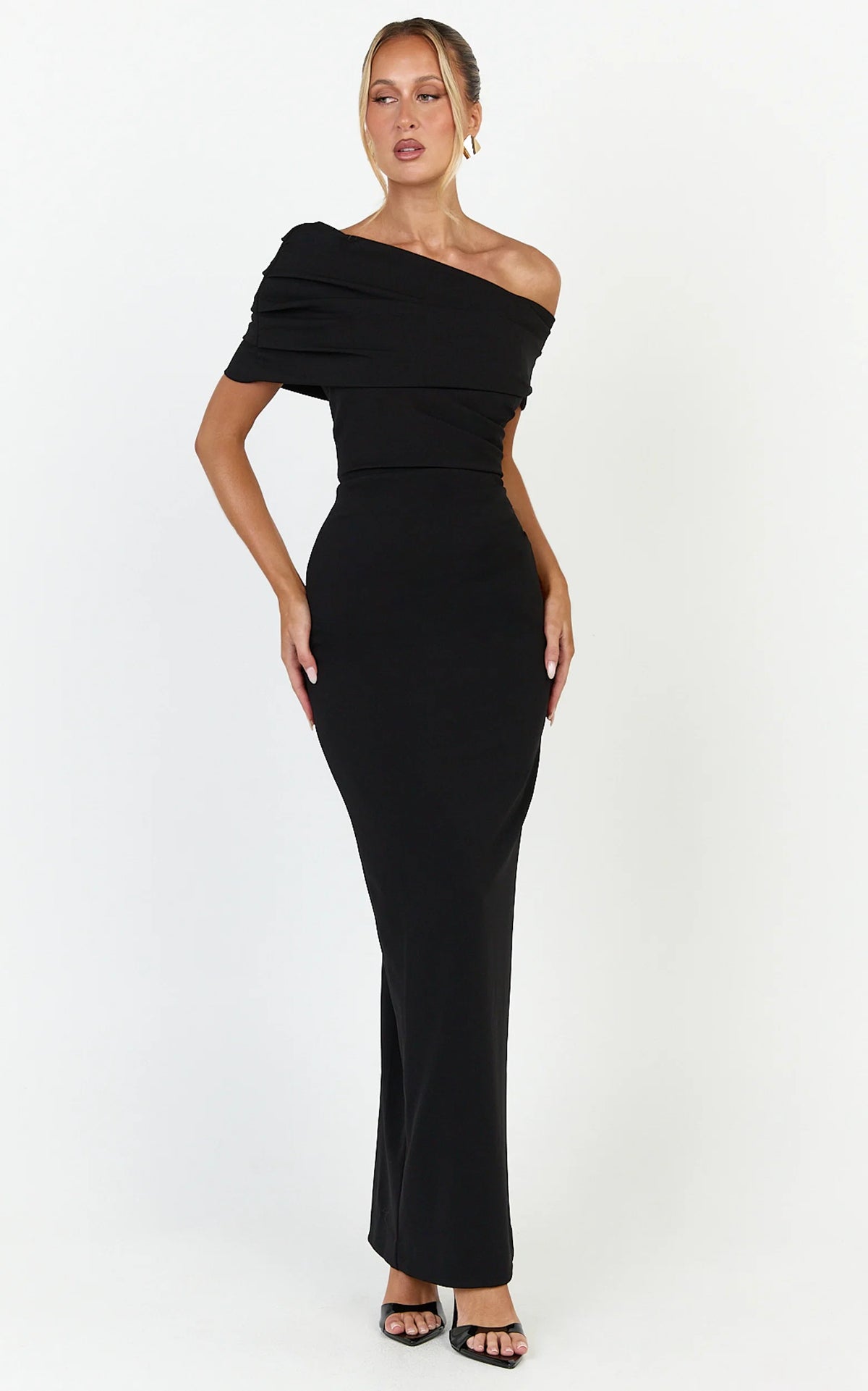 Ottilie Maxi Dress - Pin Tucked One Shoulder Fitted Dress in Black