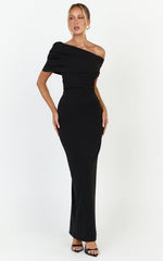 Ottilie Maxi Dress - Pin Tucked One Shoulder Fitted Dress in Black