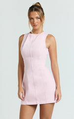 Olenna Mini Dress - High Neck Fitted Denim Dress in Pink
