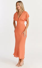 Desiree Midi Dress - V Neck Flutter Short Sleeve Slip Dress in Orange