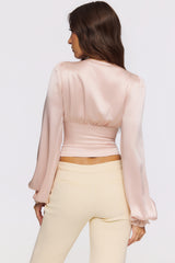 Pink Real Silk Long Sleeve Lace Trim Top