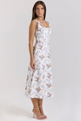 Off White Floral Print Cotton Midi Dress