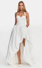 Aurella Maxi Dress - Lace Corset Bodice Asymmetric Bubble Hem Dress in White