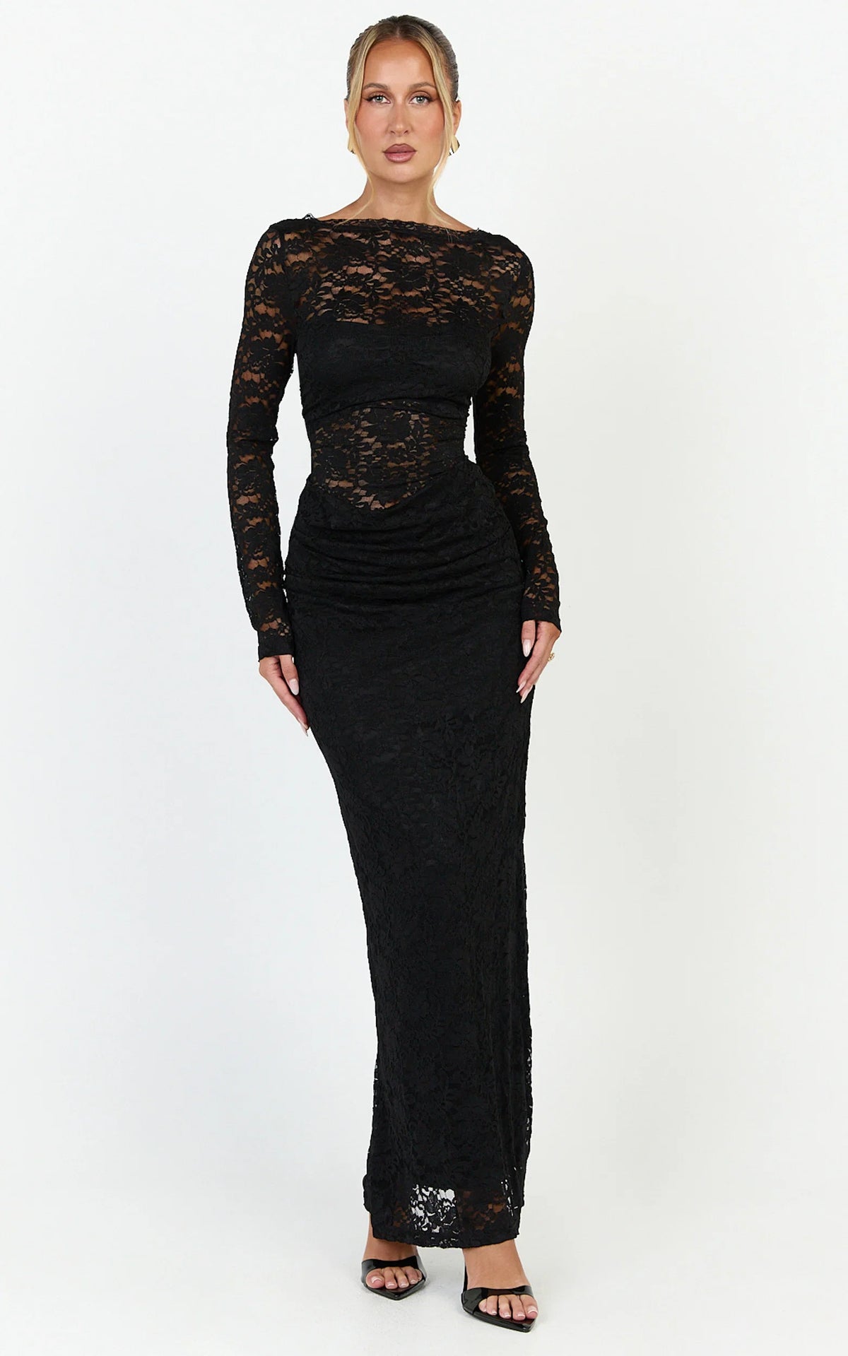 Skye Maxi Dress - Lace Long Sleeve Draped Waist Dress in Black
