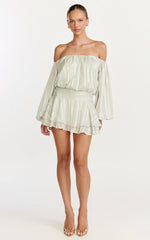 Giselle Mini Dress - Balloon Sleeve Off Shoulder Dress in Sage