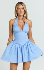 Etta Mini Dress - Plunge Halter Fit And Flare Dress in Cornflower Blue