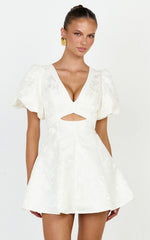 Rosalie Mini Dress - Floral Jacquard V Neck Fit and Flare Dress in White