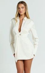 Paola Mini Dress - Tie Front Collared Skirt Dress in Off White